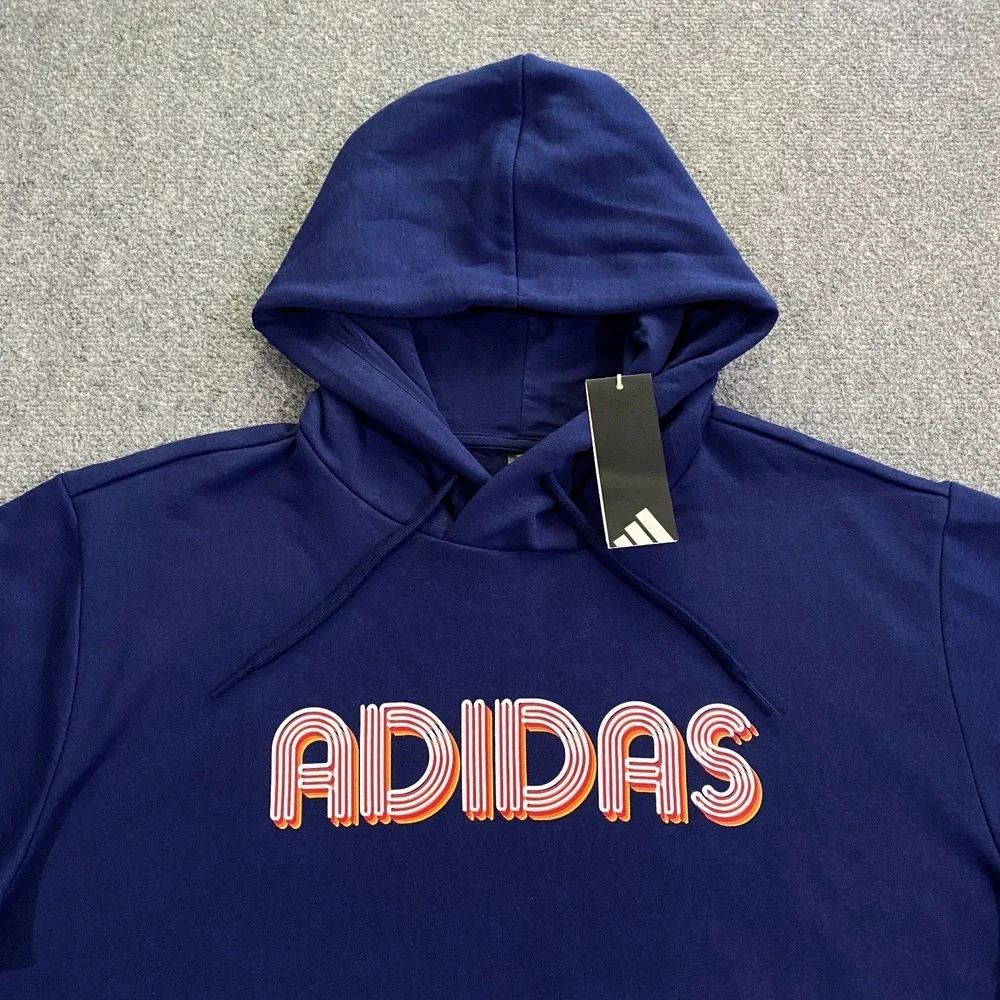 Adidas 3D Retro 70s Striped Logo Hoodie Mens XXL Blue Spell Out Disco Groovy NWT